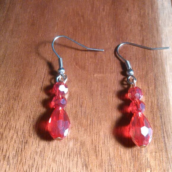 Beveled Red Glass Three Stone Silvertone and Stainless Steel Dangle Earrings - Picture 5 of 11